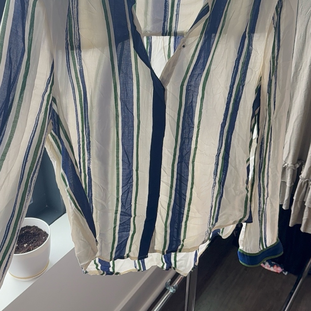 Striped Button Down Blouse - Green, Blue, White